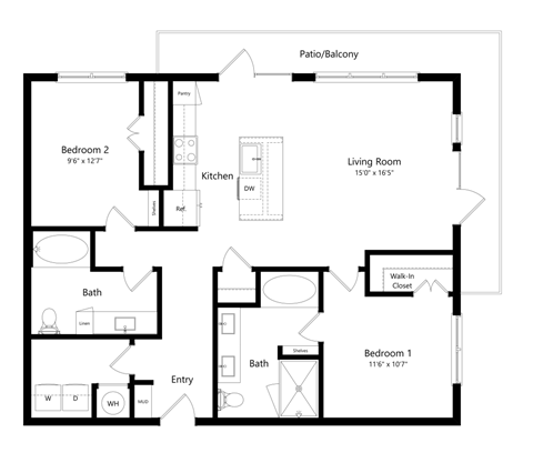 Floor plan for 2 beds, 2 baths, 1140 sqft